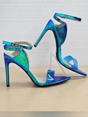 Jiu Du Mermaid Metallic Holographic Open Toe Sandals Stiletto Heels, 9
